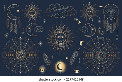 Hand drawn set of mystical Sun with woman`s face, moon, dreamcatcher, feather, zodiac symbol, star in line art. Spiritual celestial space, constellation, horoscope, magic talisman vector illustration