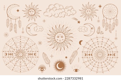 Hand drawn set of mystical Sun with woman`s face, moon, dreamcatcher, feather, zodiac symbol, star in line art. Spiritual celestial space, constellation, horoscope, magic talisman vector illustration