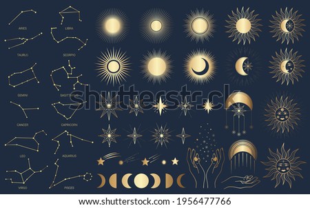 Hand drawn set of mystical Sun with woman`s face, moon, hand, zodiac symbol, star in line art. Spiritual celestial space, constellation, horoscope, astrology, magic galaxy talisman vector illustration