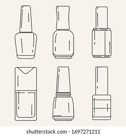 Conjunto de esmalte de uñas dibujado a mano. Vector de la línea de productos de barniz.