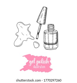 Hand drawn set of nail polish, gel polish in sketch style. Bottle of nail polish. Doodle engraving cosmetics. Vector makeup illustration with hand made lettering