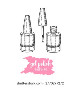 Hand drawn set of nail polish, gel polish in sketch style. Bottle of nail polish. Doodle engraving cosmetics. Vector makeup illustration with hand made lettering