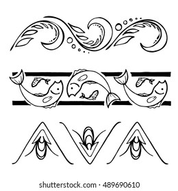 Hand drawn set of nature text divider. Frame design, fish, plant vector