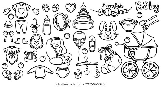 Hand drawn set of new born baby shower toys tool kit isolated on white background.