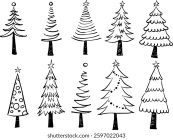 Hand drawn set of New Year and Christmas trees, Doodle vector illustration