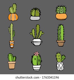 Hand drawn set of nine cacti