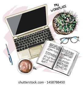 Hand drawn set with notebook, book, pen, flowerpot, eyeglasses and coffee cup. Stylish workplace. Table set. Flat lay. Vector illustration.
