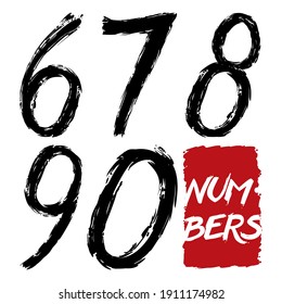 Hand drawn set of numbers in brushstroke style in black paint: six, seven, eight, nine and zero. Isolated over white background.