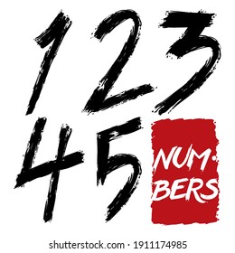 Hand drawn set of numbers in brushstroke style in black paint, from 1 to 5. Isolated over white background.