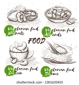 Hand drawn set with nuts. Vegetarian healthy nutrition. Vintage food vector sketch set for restaurant menu. Raw veggie food. Walnuts, almonds, cashew and sesame.