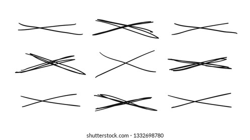 Hand drawn set of objects for design use. Black Vector doodle cross lines on white background.  Abstract pencil drawing stripes. Artistic illustration grunge elements strokes