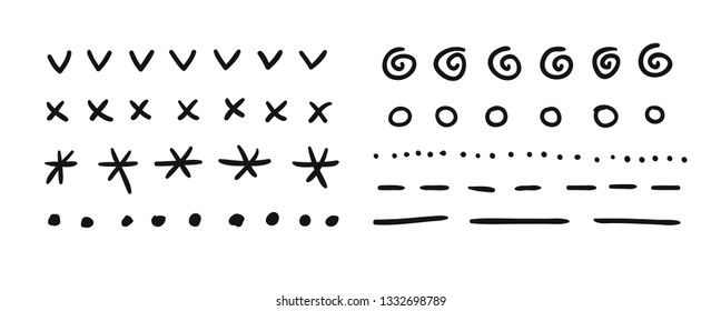 Hand drawn set of objects for design use. Black Vector doodle dotted lines on white background.  Abstract pencil drawing stripes. Artistic illustration grunge elements strokes