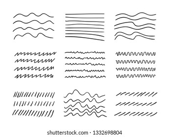 Hand drawn set of objects for design use. Black Vector doodle lines on white background.  Abstract pencil drawing stripes. Artistic illustration grunge elements strokes