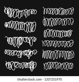 Hand drawn set of objects for design use. White Vector doodle lines on black background.  Abstract pencil drawing stripes. Artistic illustration grunge elements strokes