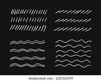 Hand drawn set of objects for design use. White Vector doodle lines on black background.  Abstract pencil drawing stripes. Artistic illustration grunge elements strokes