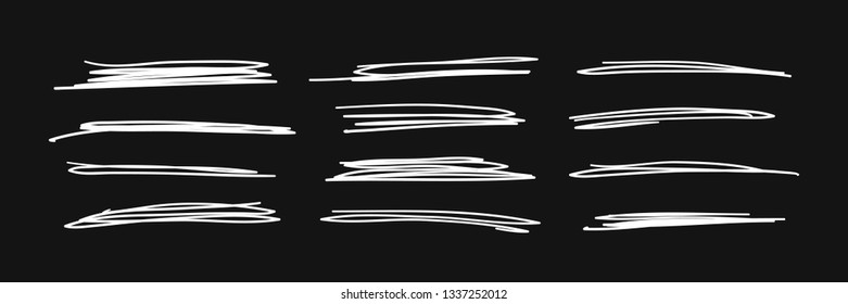 Hand drawn set of objects for design use. White Vector doodle crossed out lines on black background.  Abstract pencil drawing stripes. Artistic illustration grunge elements strokes