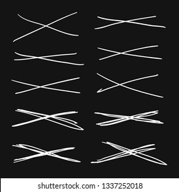 Hand drawn set of objects for design use. White Vector doodle cross lines on black background.  Abstract pencil drawing stripes. Artistic illustration grunge elements strokes