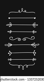 Hand drawn set of objects for design use. White Vector doodle border on black background.  Abstract pencil boho drawing. Artistic illustration elements