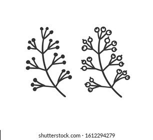 Hand drawn set of objects for design use. Black Vector doodle flower on white background.  Abstract pencil boho drawing twig. Artistic illustration elements plant