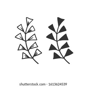 Hand drawn set of objects for design use. Black Vector doodle flower on white background.  Abstract pencil boho drawing twig. Artistic illustration elements plant