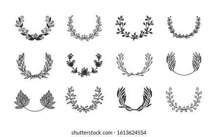 Hand drawn set of objects for design use. Black Vector doodle flower on white background.  Abstract pencil boho drawing twig. Artistic illustration elements plant