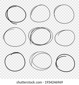 Hand drawn set of objects for design use. Black Vector doodle circles on transparent background.  Abstract drawing. Artistic illustration grunge elements