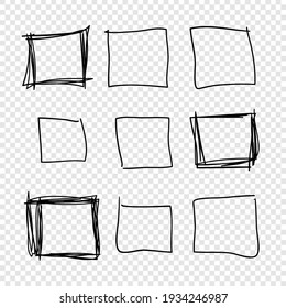 Hand drawn set of objects for design use. Black Vector doodle squares on white background.  Abstract pencil drawing. Artistic illustration grunge elements frames