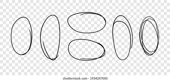 Hand drawn set of objects for design use. Black Vector doodle ellipses on transparent background.  Abstract pencil drawing. Artistic illustration elements