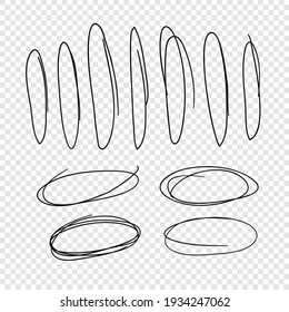 Hand drawn set of objects for design use. Black Vector doodle ellipses on transparent background.  Abstract pencil drawing. Artistic illustration elements