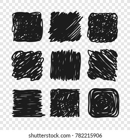 Hand drawn set of objects for design use. Black Vector doodle squares on transparent background.  Abstract pencil drawing. Artistic illustration grunge elements