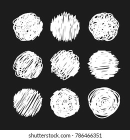 Hand drawn set of objects for design use. White Vector doodle circles on black background.  Abstract pencil drawing. Artistic illustration grunge elements