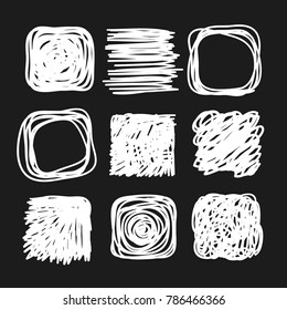 Hand drawn set of objects for design use. White Vector doodle squares on black background.  Abstract pencil drawing. Artistic illustration grunge elements