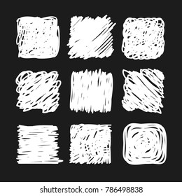 Hand drawn set of objects for design use. White Vector doodle squares on black background.  Abstract pencil drawing. Artistic illustration grunge elements