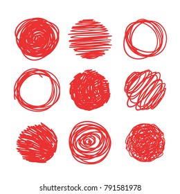 Hand drawn set of objects for design use. Red Vector doodle circles on white background.  Abstract pencil drawing. Artistic illustration grunge elements