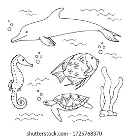 Hand drawn set with ocean life. Vector cute marine inhabitants in doodle style.