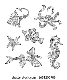 Hand drawn set of octopus, clown fish, starfish, flying fish, seahorse
and stingray coloring vector for children and adults. For wallpapers, postcards and posters. Black and white. Underwater world.