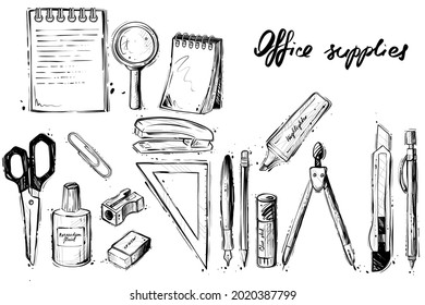 Hand drawn set of office supplies, monochrome vector