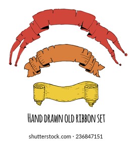 Hand drawn set of old  color ribbon. Vector, EPS 10