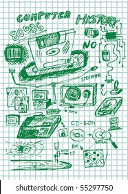hand drawn set of old computer technology