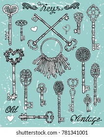 Hand drawn set with old vintage keys with heart elements on texture background. Graphic design collection for antique decorations, card. Hand drawn vintage illustration with Valentine’s Day concept