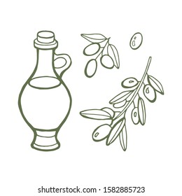 Hand drawn set Olive oil and branch. Vector illustration isolated on white background.