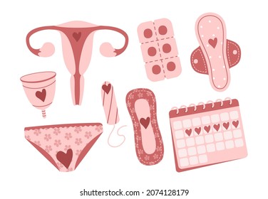 Un juego de manos sobre el tema de la menstruación. Varios productos de higiene femenina. Cero objetos de desecho. Panzas, toallas, tampones, taza menstrual, calendario de periodo, pastillas y otros artículos