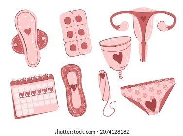 A hand drawn set on the menstruation theme. Various feminine hygiene products. Zero waste objects. Panties, pads, tampons, menstrual cup, period calendar, pills and other items