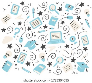 Hand drawn set of online education elements, laptop, pencil, book. Doodle sketch style. Vector illustration for e-learning, science, school, knowledge concept design.