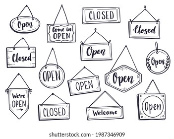Hand Drawn Set Of Open And Closed Door Sign. Doodle Sketch Style. Shop Door Or Window Open Label. Vector Illustration.