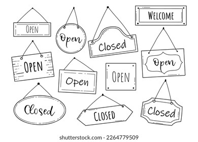 Hand drawn set of open and closed door sign. Doodle sketch style. Shop door or window open label. Vector illustration.