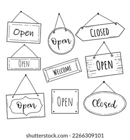 Hand drawn set of open and closed door sign. Doodle sketch style. Shop door or window open label. Vector illustration.