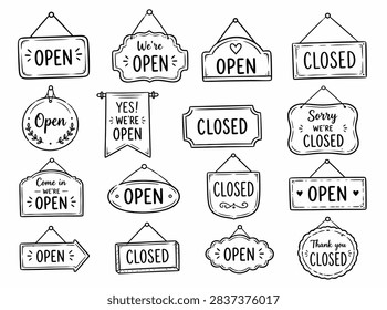 Hand drawn set of open and closed door sign. Doodle sketch style. Shop door or window open label. Vector illustration. VECTOR