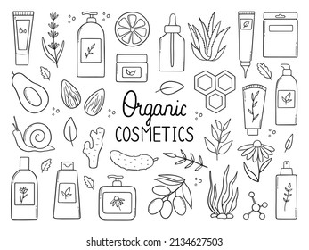Hand drawn set of organic cosmetics doodle. Natural ingredients, herbs in sketch style. Natural products: cream, mask, shampoo and lotion. Vector illustration isolated on white background.