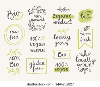 Hand drawn Set of organic, eco, bio, natural, gluten free, vegan food labels and vector design elements. Vector healthy food logo templates for food market, restaurant, packaging, ecommerce.